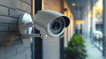 A security camera mounted on a brick wall, providing surveillance and protection outdoors. photo