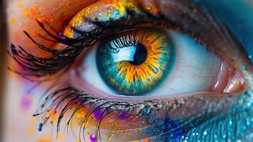 Stunning close-up of an eye, beautifully enhanced with colorful makeup and eye shadow. photo