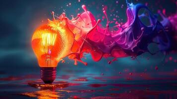 A glowing lightbulb with colorful paint splashes representing a bright creative idea. photo