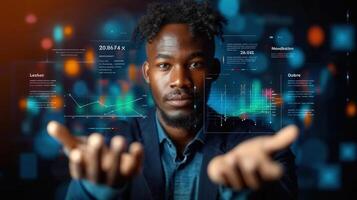 A professional african american man showcasing modern data analysis with virtual charts and graphs. photo