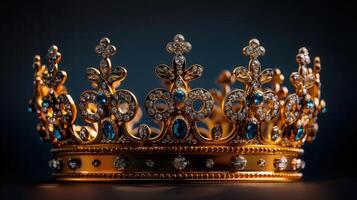 An exquisite golden crown, adorned with diamonds and sapphires, is on a dark background. photo
