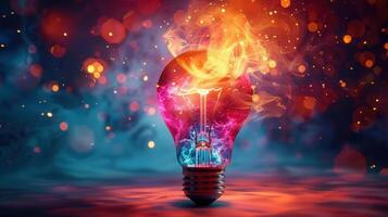 A glowing light bulb filled with colorful energy represents creative ideas and innovation. photo