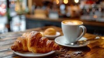 A buttery croissant and a cup of latte, a perfect combination for a relaxing morning. photo