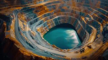 An expansive open-pit mine with a stunning lake within, highlighting industrial landscapes. photo