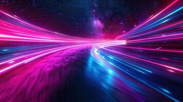 Dynamic light streaks create a futuristic tunnel of neon colors in a deep, starry space environment. photo