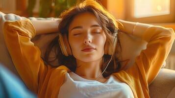A relaxed young woman is listening to music, enjoying peace and tranquility with her eyes closed on a couch. photo