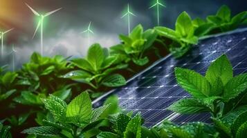 A striking display of solar panels, wind turbines, and vibrant green leaves, representing eco-friendly technology. photo
