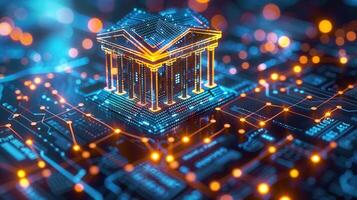 A vibrant illustration depicting a digital bank building on a complex circuit board environment. photo