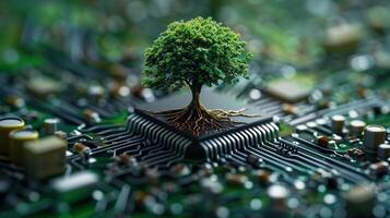 A tree grows from a computer chip, a vibrant symbol of technology and nature's fusion. photo