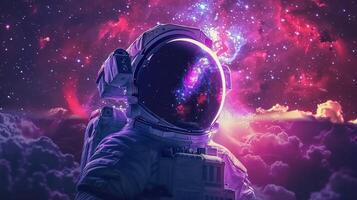 An astronaut floating above the clouds, gazing into a vibrant, stunning galaxy of stars. photo