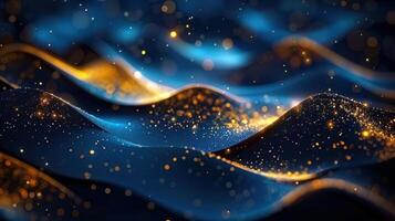 Abstract flowing gold and blue waves with sparkling lights, a creative background. photo