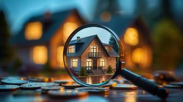A magnifying glass highlights a detailed view of a house, signifying home buying. photo