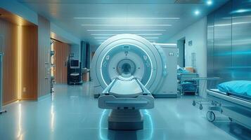 An impressive MRI machine in a modern, well-lit hospital room, ready for a scan. photo