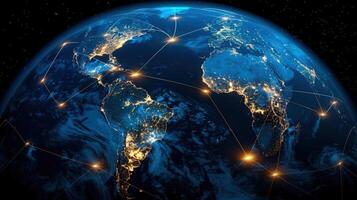 Stunning visualization of global internet data flow over the illuminated earth at night. photo