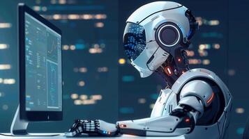A sleek robot is seen focused, working on a computer displaying complex code and graphs. photo