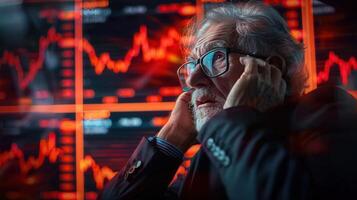 An older investor looks concerned at the falling stock market displayed on a computer screen. photo