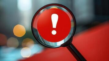 Magnifying glass is focused on a red exclamation point as a signal of caution. photo