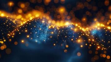A beautiful abstract design of sparkling golden particles and a cosmic background. photo