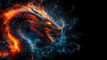 Dramatic artwork features a fierce dragon engulfed in flames and mystical blue smoke, ready to strike. photo