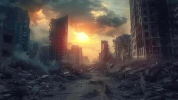 A haunting scene of a post-apocalyptic city with ruined buildings under a dramatic sunset. photo