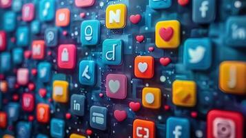 Colorful digital illustration of social media icons, representing communication and interaction. photo