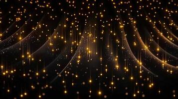 Elegant golden light curtains flow gracefully, with sparkling particles suspended against a black backdrop. photo