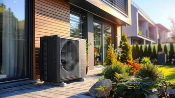 An efficient heat pump system is installed in the garden of a contemporary home for climate control. photo
