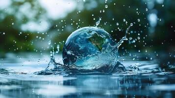 A striking image showing the earth within splashing water, emphasizing environmental challenges. photo