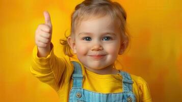 Delighted toddler smiles and gives a thumbs up, expressing joy and approval with a charming gesture. photo