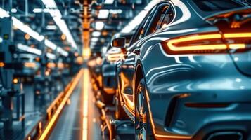 Automobiles are being assembled in an automated factory, showing the innovative manufacturing processes. photo