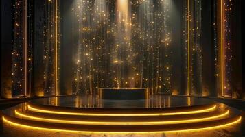 Elegant stage with spotlights and sparkling lights, perfect for award ceremonies and presentations. photo