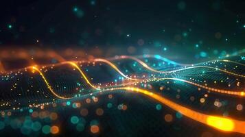 A beautiful abstract digital design with glowing waves, particles, and a mesmerizing bokeh effect. photo