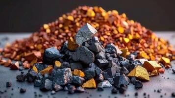 A collection of various raw ore, including gold, copper, and silver, ready for processing. photo