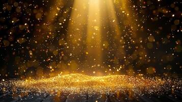 A breathtaking display of golden glitter sparkles under a radiant beam of light on a wooden surface. photo