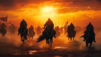 Medieval warriors on horseback charge towards the viewer at sunset in a dramatic scene. photo
