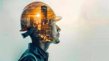 A construction worker's profile overlaid with a vibrant cityscape at sunset, conceptual image. photo