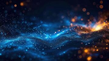 Abstract digital artwork featuring a flowing wave of blue and orange particles. photo