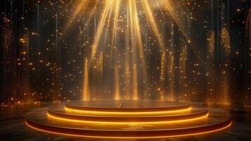 A radiant stage with golden lights, an elegant backdrop for celebrations and events. photo