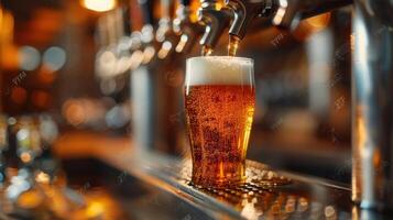 A refreshing glass of beer being poured from a tap in a dimly lit bar setting. photo