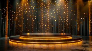 A modern stage with a golden light effect, perfect for an awards ceremony or performance. photo