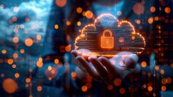 A hand cradles a digital cloud with a glowing padlock, representing secure data storage. photo