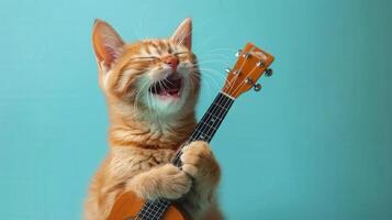 A delightful ginger kitten serenades with a ukulele, creating a joyful musical moment. photo
