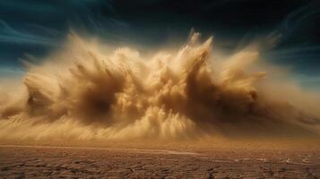 An intense sandstorm erupts across a vast, desolate desert landscape, full of energy. photo