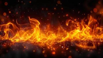 Intense depiction of fire with glowing flames, sparks, and orange and yellow light on dark. photo