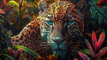 Stunning portrait of a jaguar with mesmerizing turquoise eyes in a tropical forest setting. photo