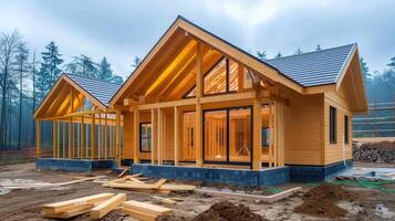 A new wooden house is under construction in a natural environment, showing structure. photo