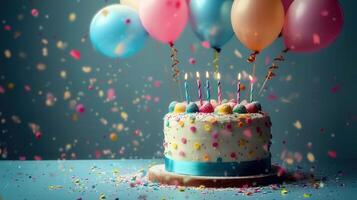 A beautifully decorated birthday cake with balloons and confetti in the background, perfect for a celebration. photo