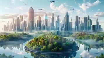 A futuristic city, envisioned with flying drones, reflects on tranquil water, merging nature and technology. photo