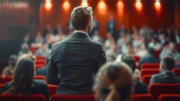 A distinguished man in a suit addresses a large audience from the stage in a lit hall. photo