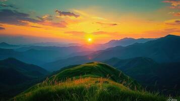 Stunning view of a mountain range bathed in the warm colors of a beautiful sunset. photo